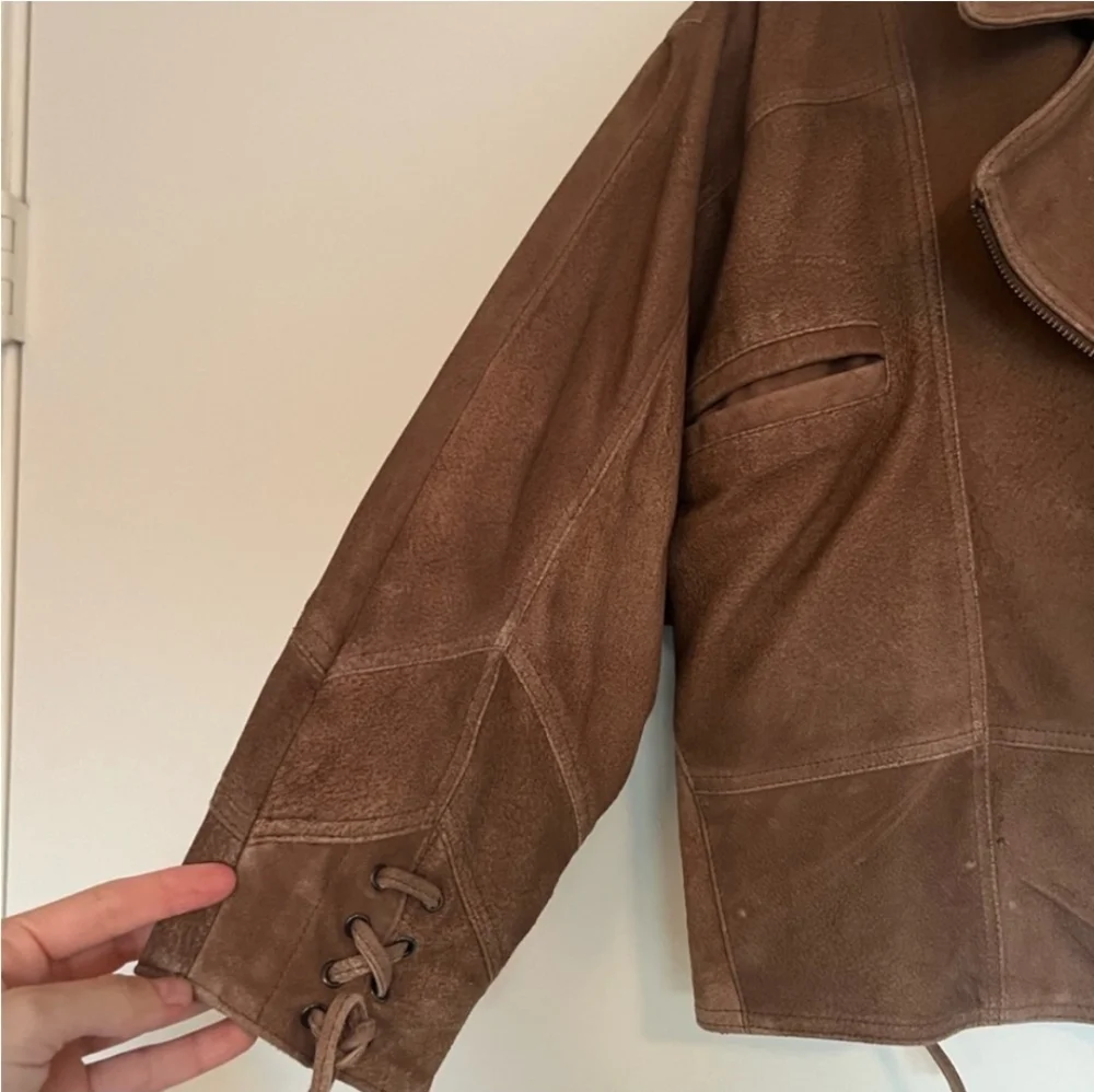 Free People Brown Suede Cropped Leather Jacket with Gray Hooded Liner